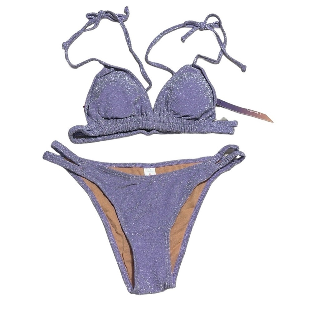 MOLYBELL Checks Tie Shoulders Triangle Bikini 
Double Elastic Strings Shimmer M